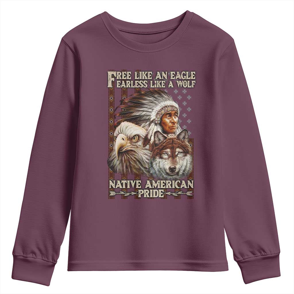 Native American Pride Youth Sweatshirt Free Like An Eagle Fearless Like A Wolf Vintage Flag - Wonder Print Shop