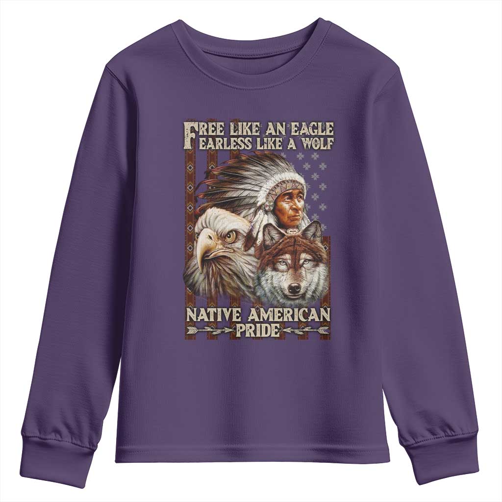 Native American Pride Youth Sweatshirt Free Like An Eagle Fearless Like A Wolf Vintage Flag - Wonder Print Shop