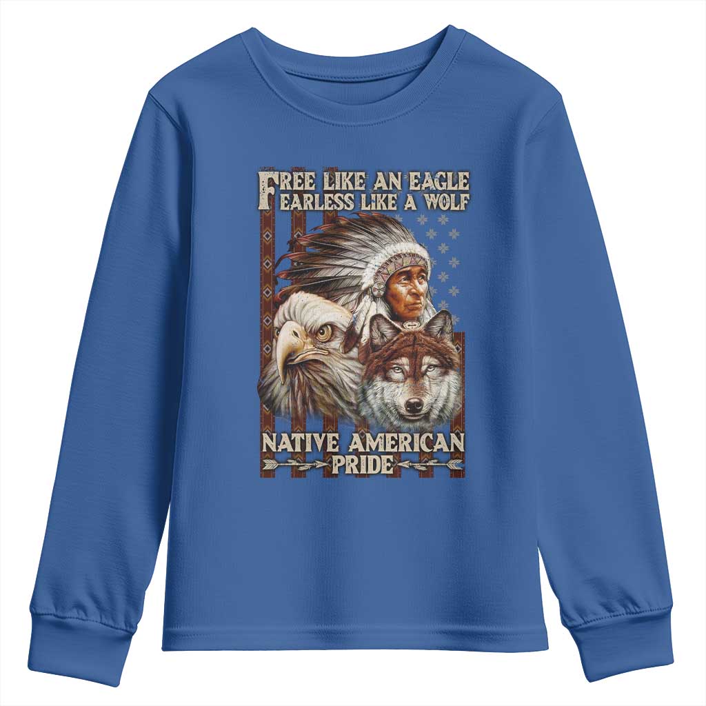 Native American Pride Youth Sweatshirt Free Like An Eagle Fearless Like A Wolf Vintage Flag - Wonder Print Shop