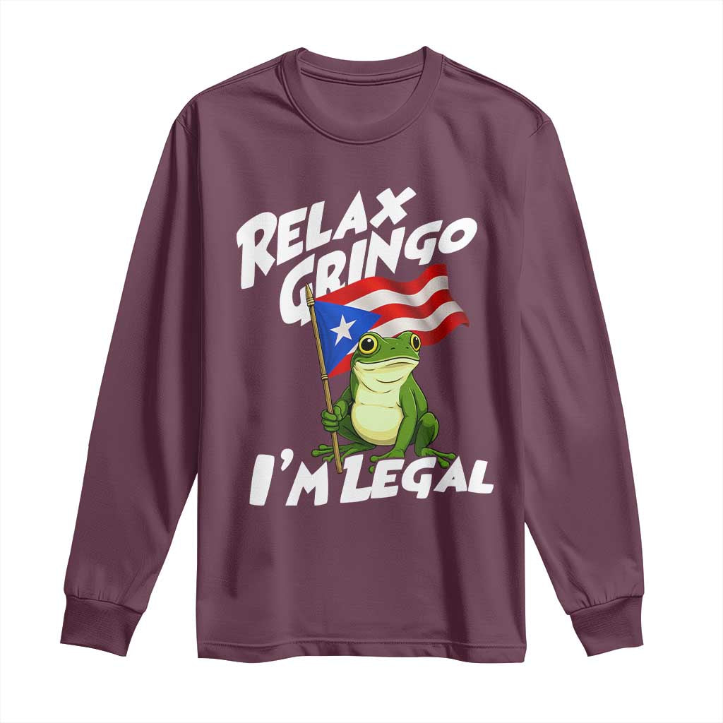 Funny Relax Gringo I Am Legal Long Sleeve Shirt Puerto Rico Flag Coqui Frog - Wonder Print Shop