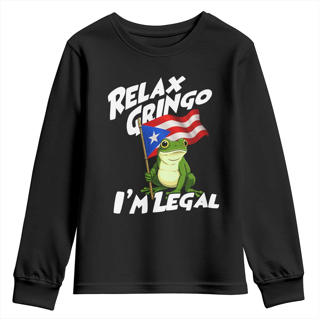 Funny Relax Gringo I Am Legal Youth Sweatshirt Puerto Rico Flag Coqui Frog - Wonder Print Shop