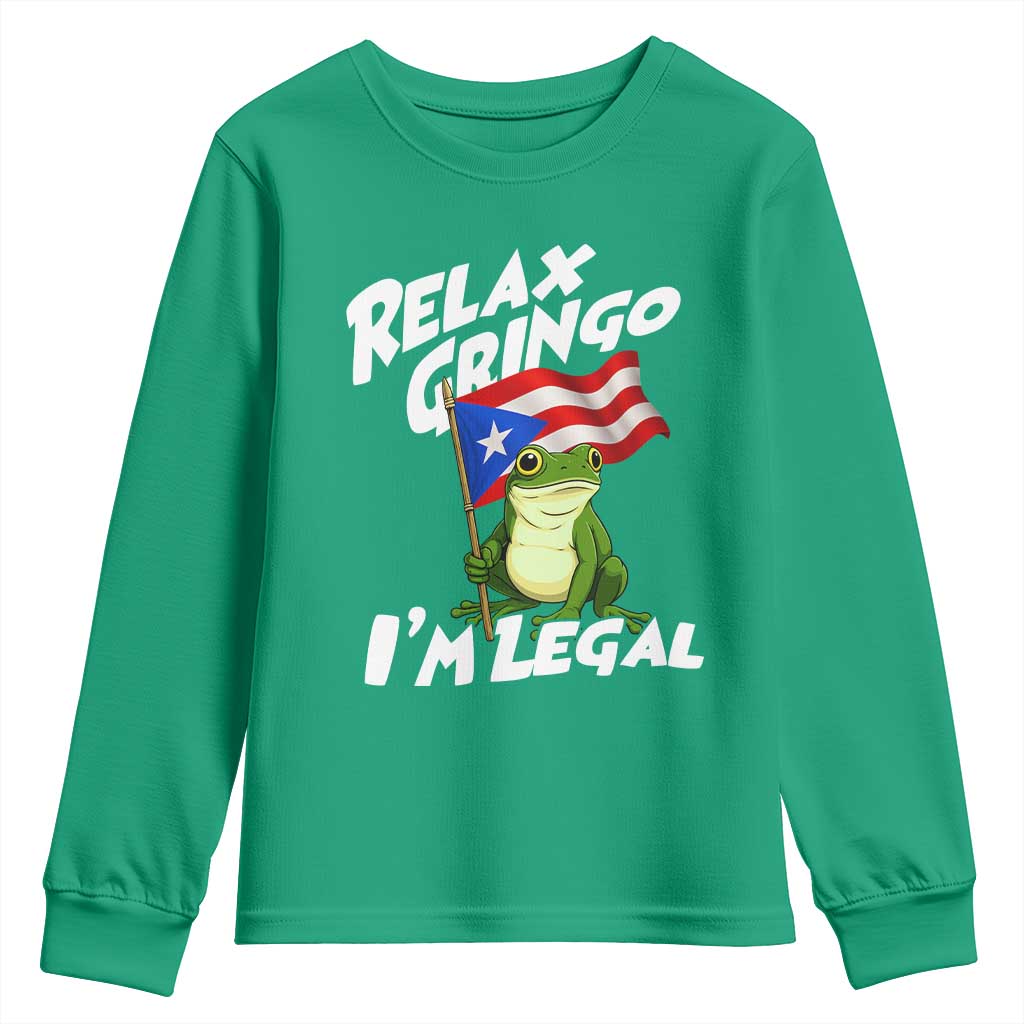 Funny Relax Gringo I Am Legal Youth Sweatshirt Puerto Rico Flag Coqui Frog - Wonder Print Shop