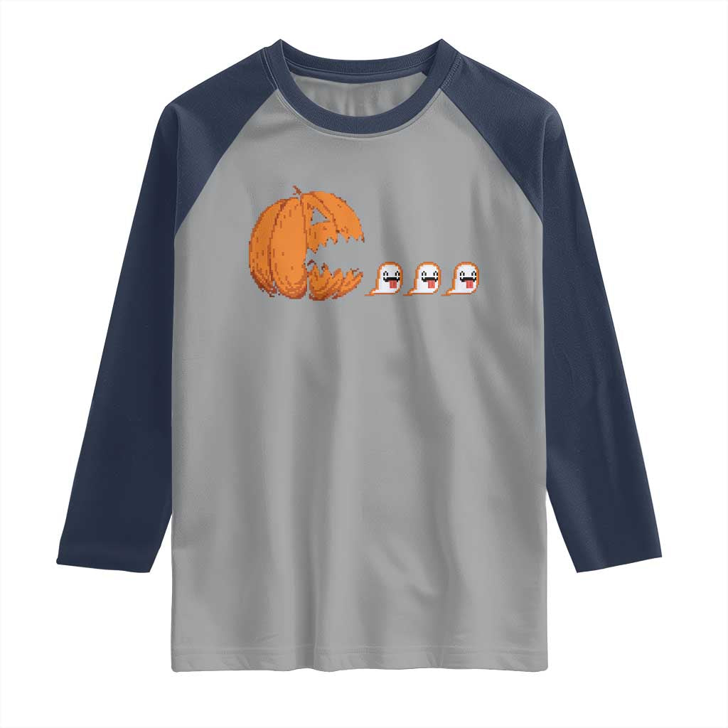 Funny Halloween Gamer Video Gaming Pumpkin Ghost Raglan Shirt - Wonder Print Shop