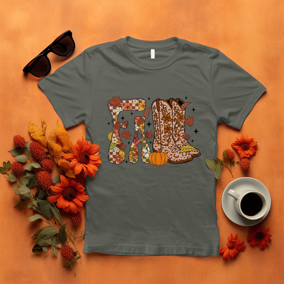 Cowboy Fall Season Thanksgiving Western Boots Pumpkin T Shirt - Wonder Print Shop