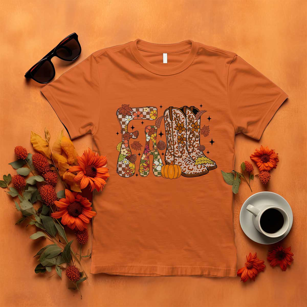 Cowboy Fall Season Thanksgiving Western Boots Pumpkin T Shirt - Wonder Print Shop