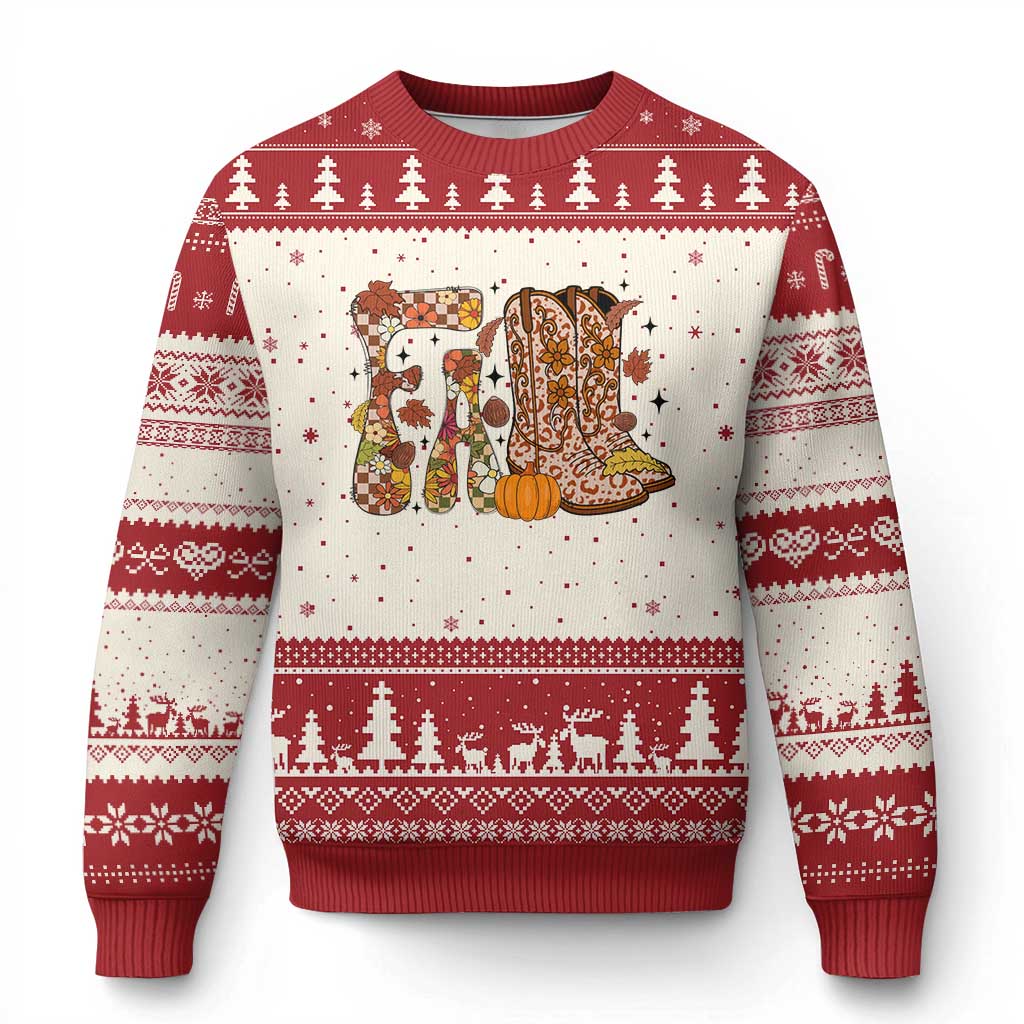 Cowboy Fall Season Thanksgiving Western Boots Pumpkin Ugly Christmas Sweater - Wonder Print Shop