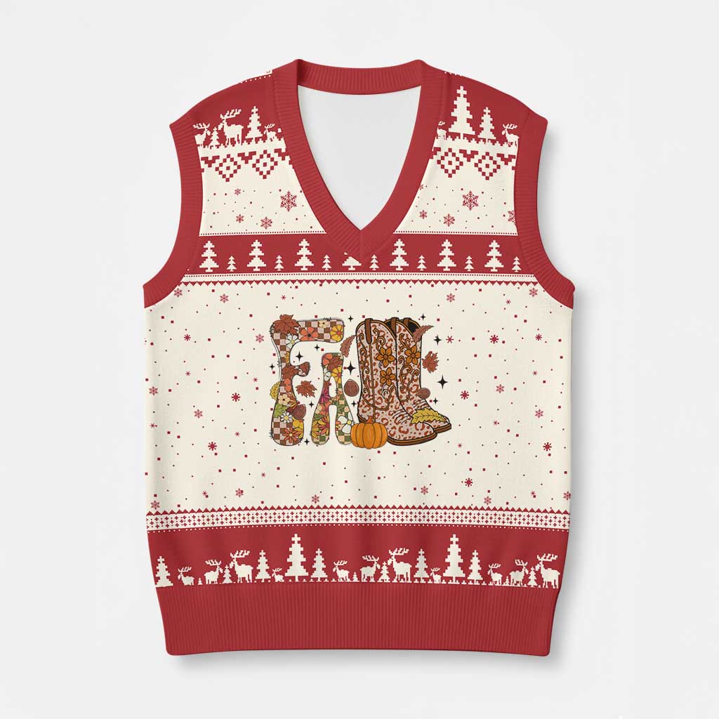 Cowboy Fall Season Thanksgiving Western Boots Pumpkin V-Neck Knit Sweater Vest - Wonder Print Shop