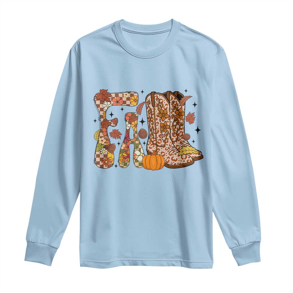 Cowboy Fall Season Thanksgiving Western Boots Pumpkin Long Sleeve Shirt - Wonder Print Shop