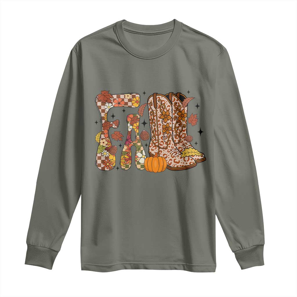 Cowboy Fall Season Thanksgiving Western Boots Pumpkin Long Sleeve Shirt - Wonder Print Shop