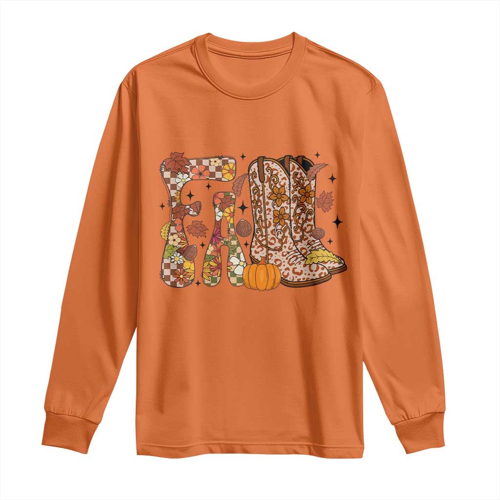 Cowboy Fall Season Thanksgiving Western Boots Pumpkin Long Sleeve Shirt - Wonder Print Shop