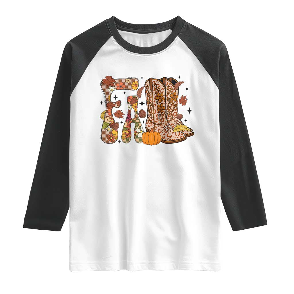 Cowboy Fall Season Thanksgiving Western Boots Pumpkin Raglan Shirt - Wonder Print Shop