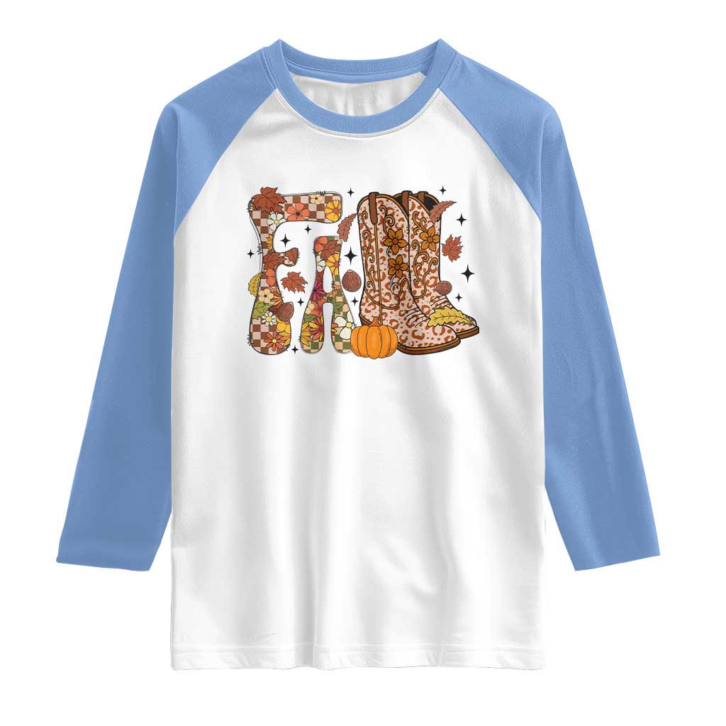 Cowboy Fall Season Thanksgiving Western Boots Pumpkin Raglan Shirt - Wonder Print Shop