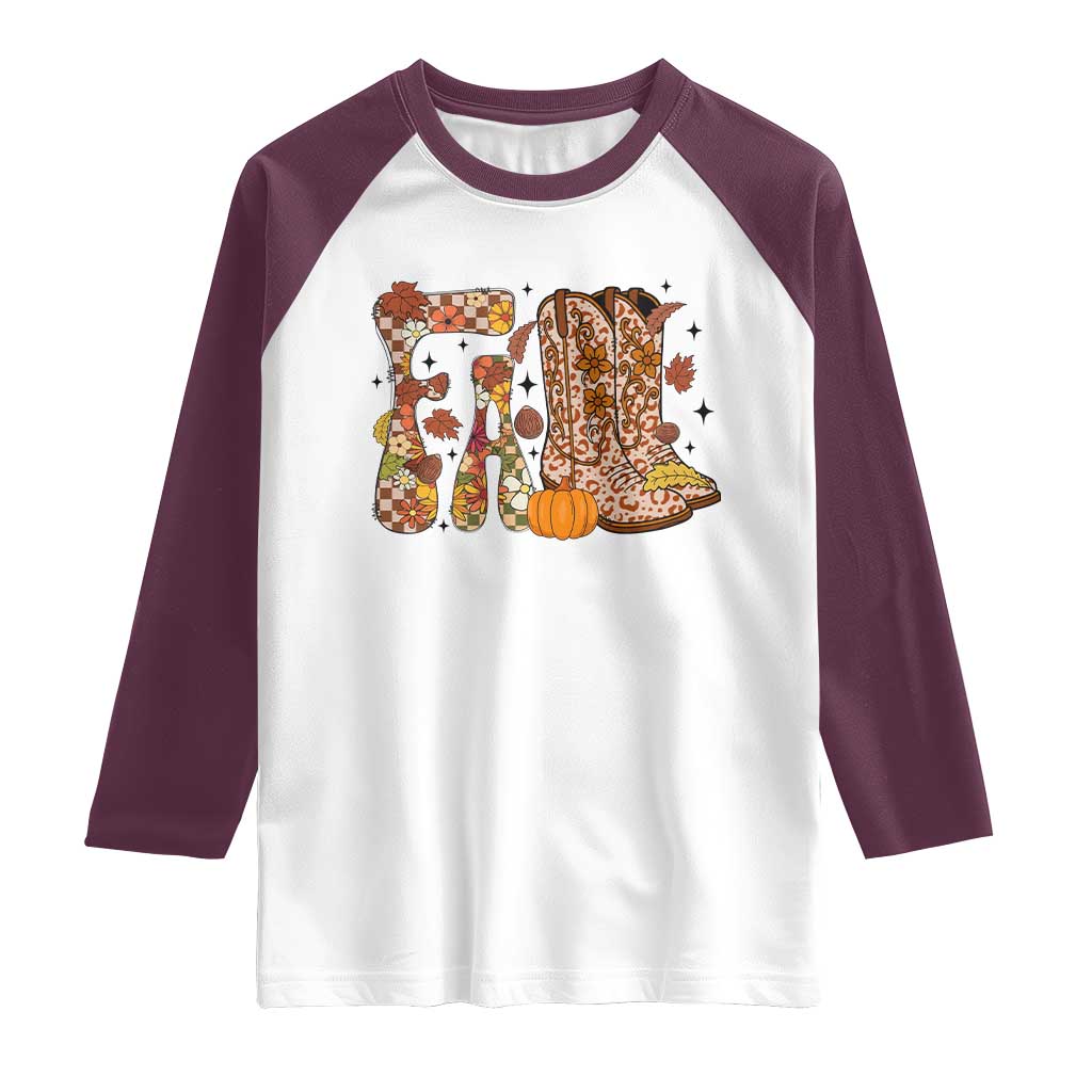 Cowboy Fall Season Thanksgiving Western Boots Pumpkin Raglan Shirt - Wonder Print Shop