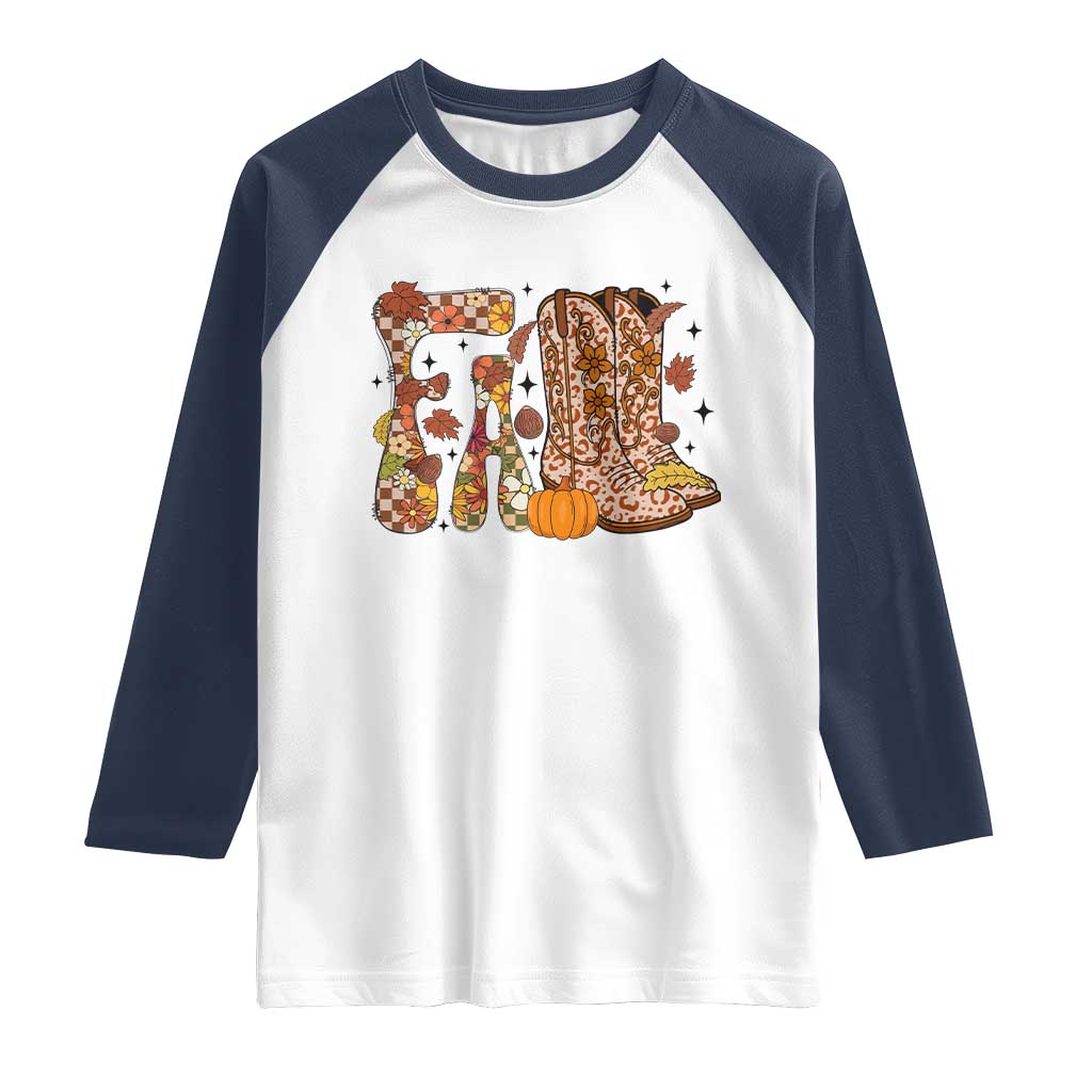 Cowboy Fall Season Thanksgiving Western Boots Pumpkin Raglan Shirt - Wonder Print Shop