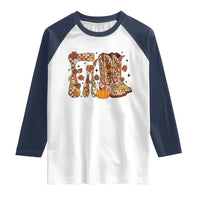 Cowboy Fall Season Thanksgiving Western Boots Pumpkin Raglan Shirt - Wonder Print Shop