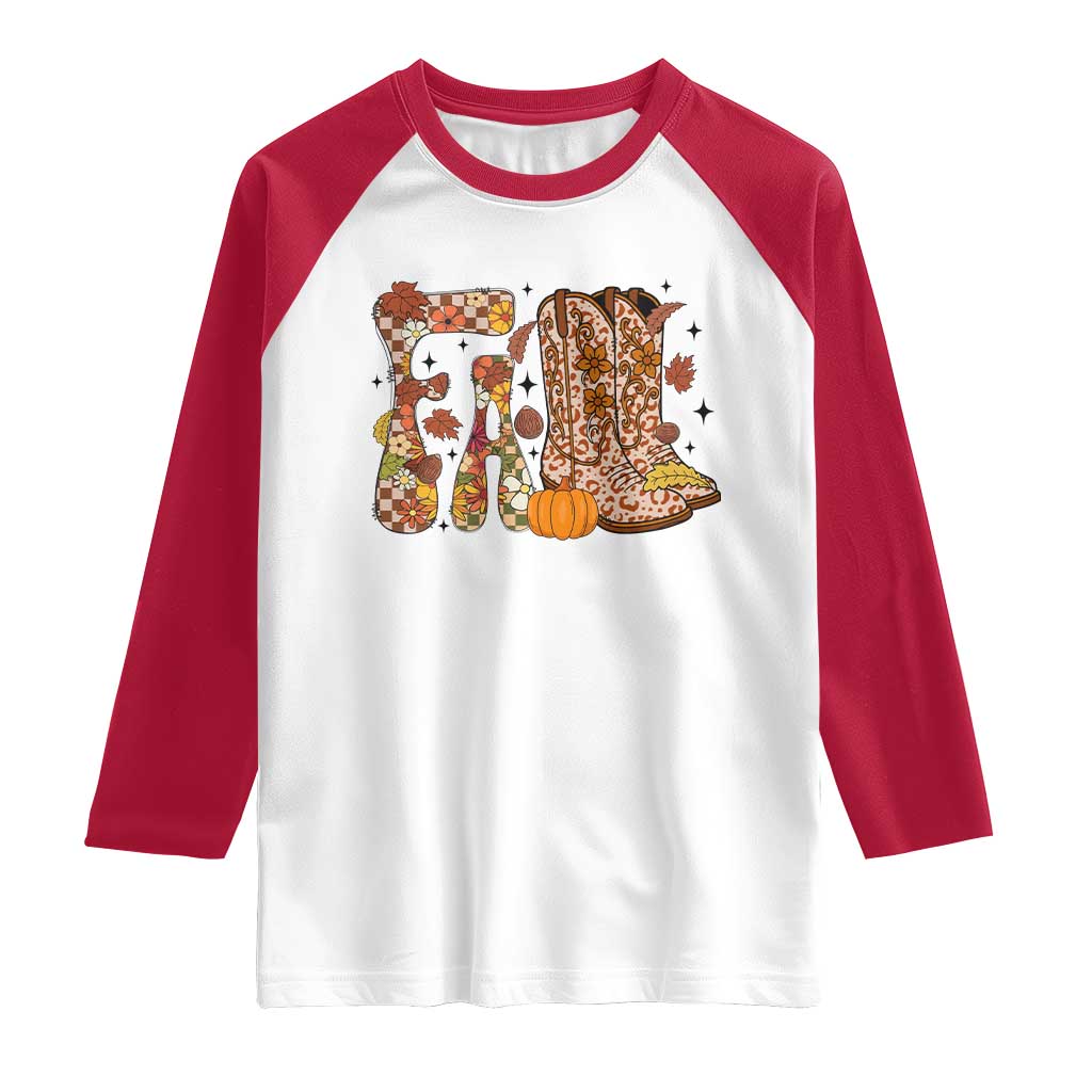 Cowboy Fall Season Thanksgiving Western Boots Pumpkin Raglan Shirt - Wonder Print Shop