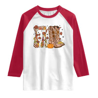 Cowboy Fall Season Thanksgiving Western Boots Pumpkin Raglan Shirt - Wonder Print Shop