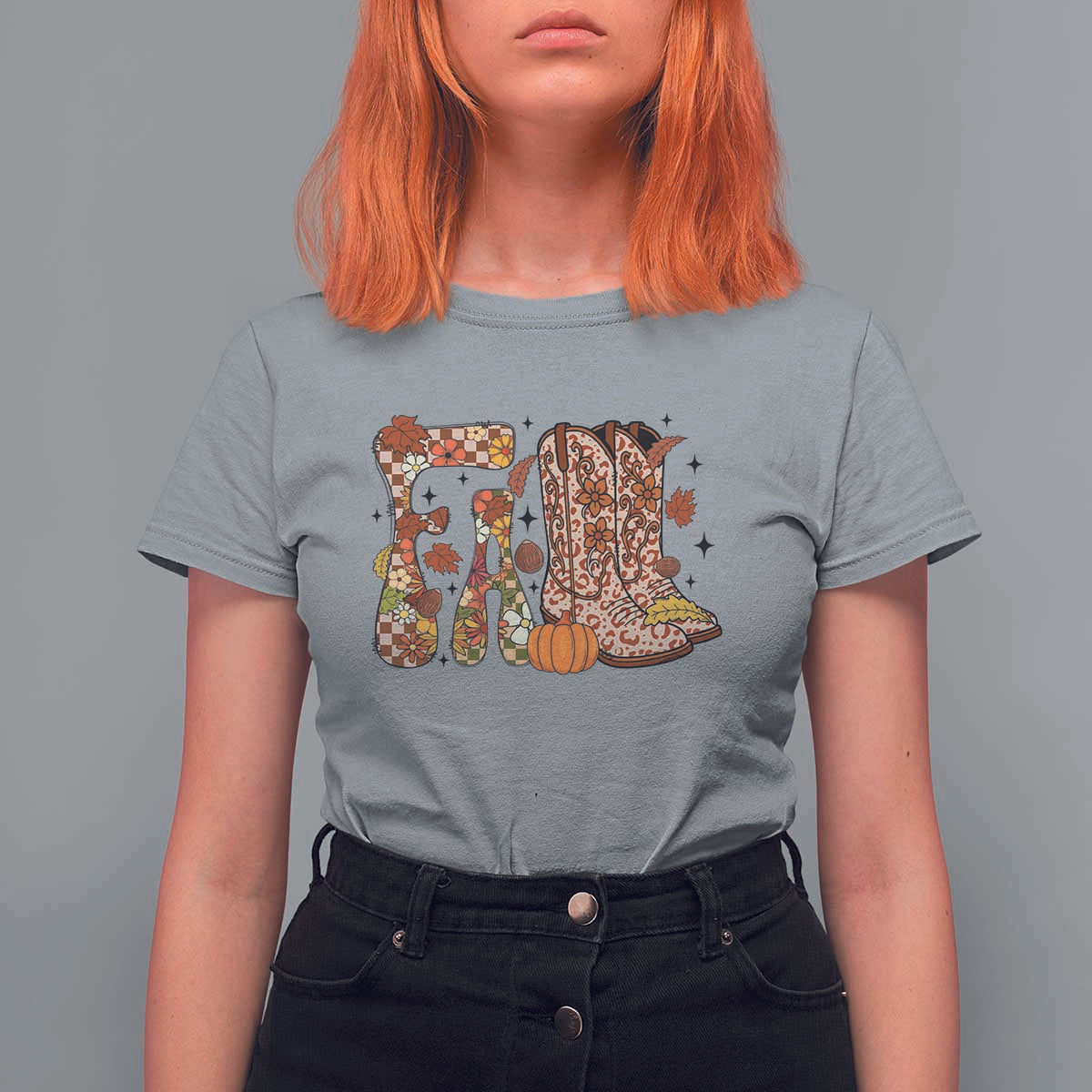 Cowboy Fall Season Thanksgiving Western Boots Pumpkin T Shirt For Women - Wonder Print Shop