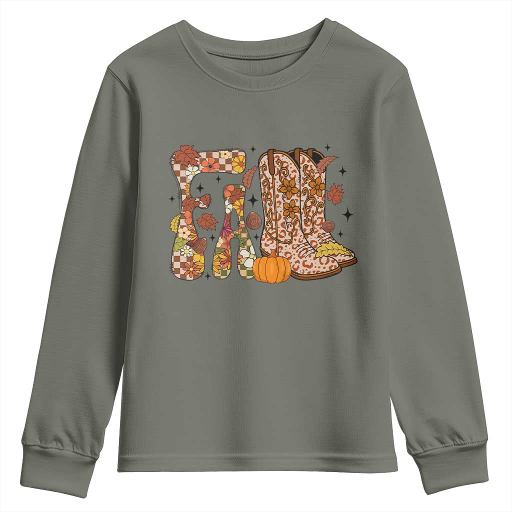 Cowboy Fall Season Thanksgiving Western Boots Pumpkin Youth Sweatshirt - Wonder Print Shop