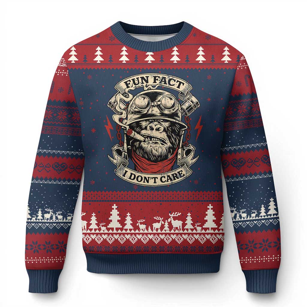 Fun Fact I Dont Care Ugly Christmas Sweater Funny Smoking Gorilla Sarcastic - Wonder Print Shop