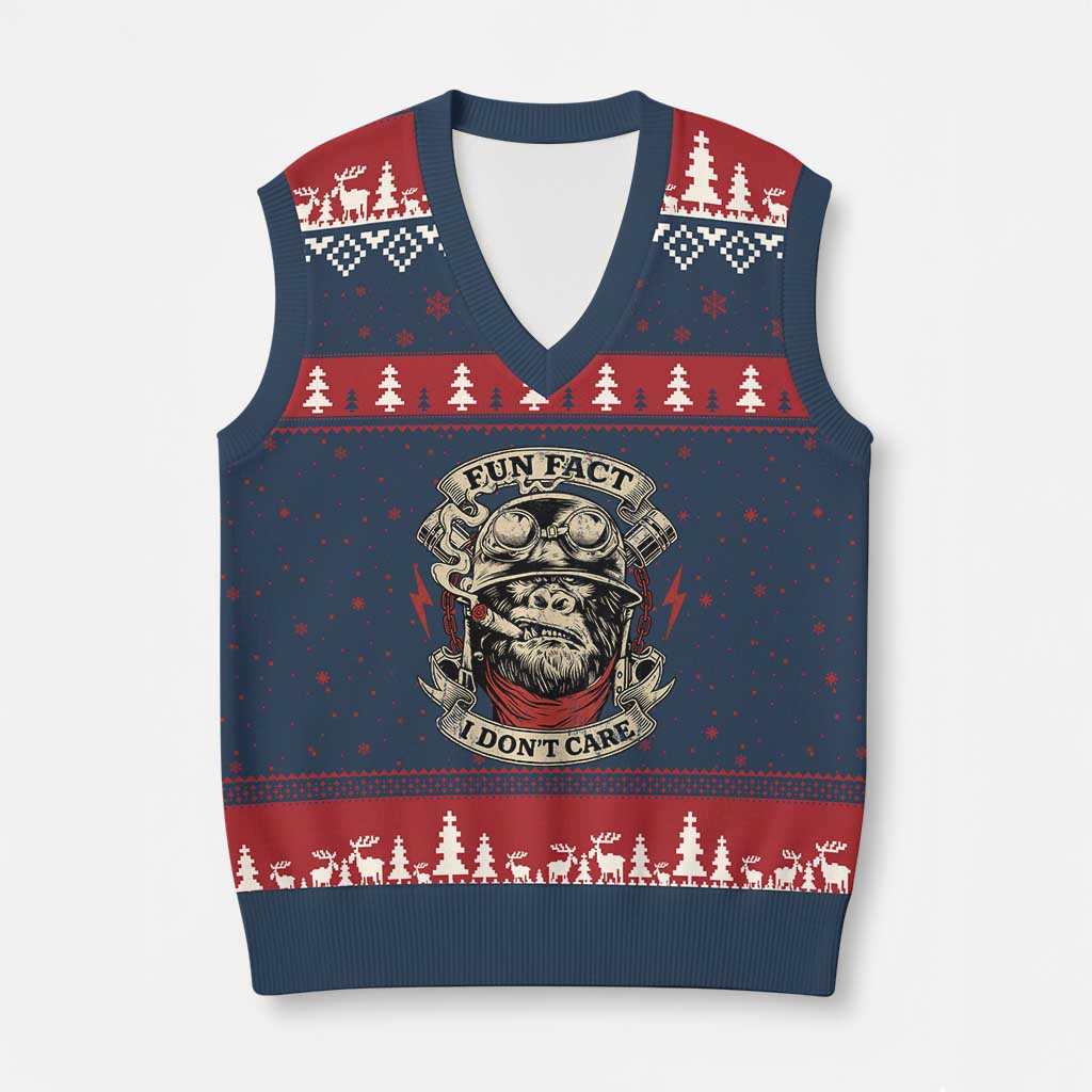 Fun Fact I Dont Care V-Neck Knit Sweater Vest Funny Smoking Gorilla Sarcastic - Wonder Print Shop