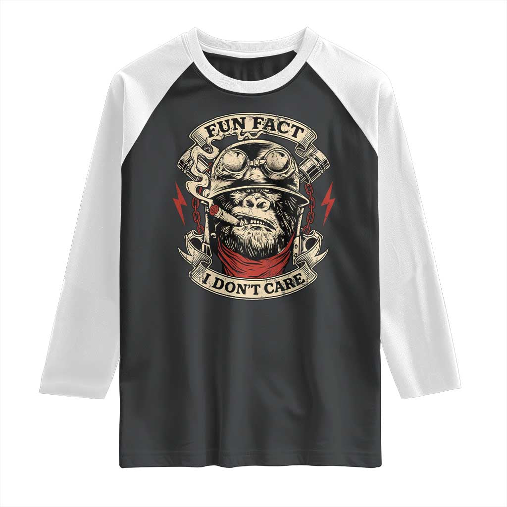 Fun Fact I Dont Care Raglan Shirt Funny Smoking Gorilla Sarcastic - Wonder Print Shop