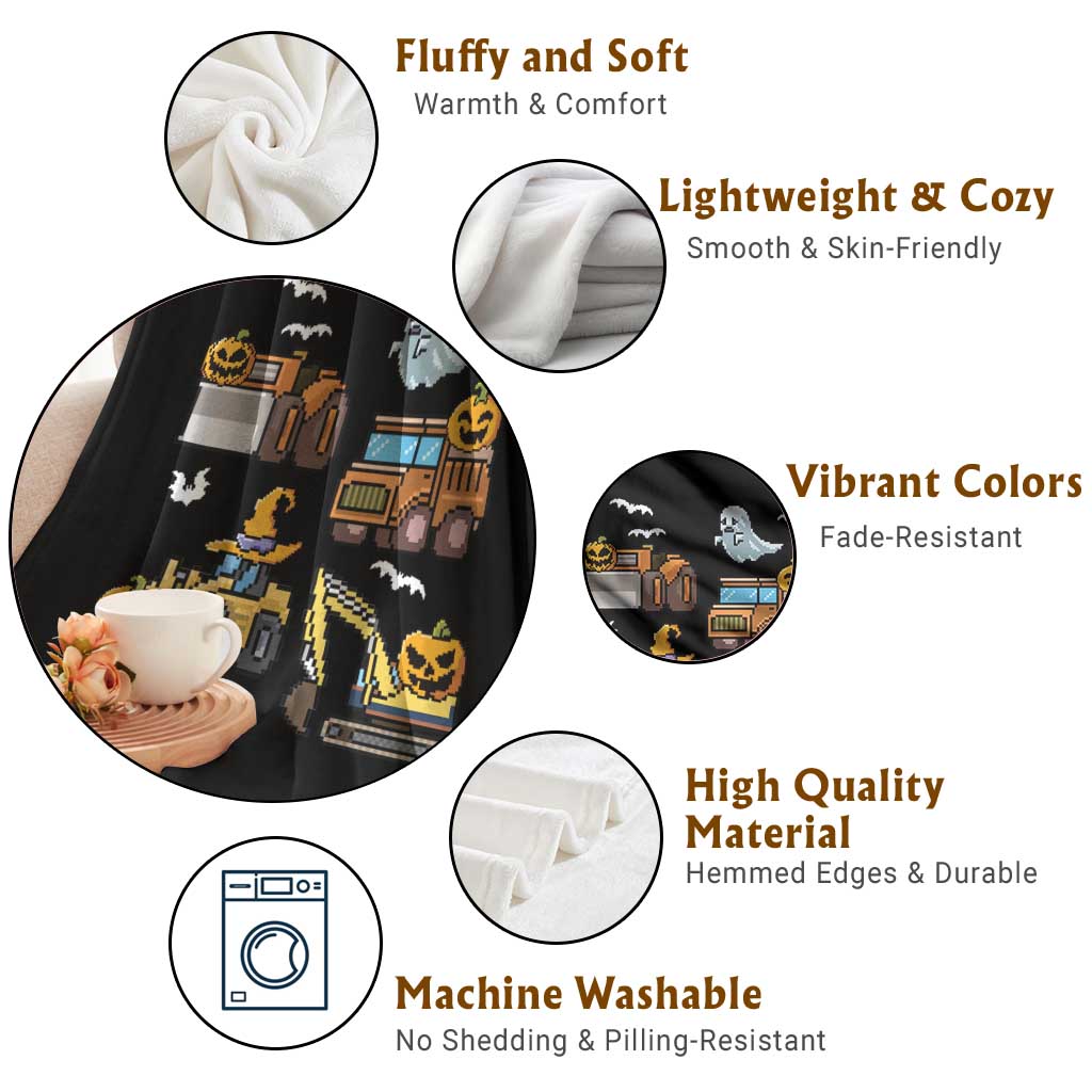 Funny Halloween Throw Blanket Spooky Construction Trucks Pumpkin Ghost Pixel - Wonder Print Shop