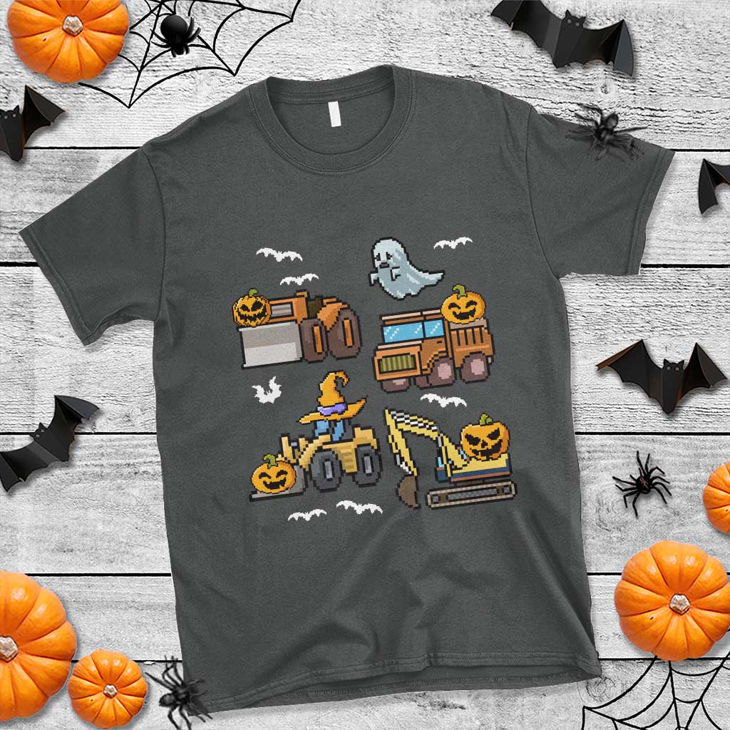 Funny Halloween T Shirt Spooky Construction Trucks Pumpkin Ghost Pixel - Wonder Print Shop