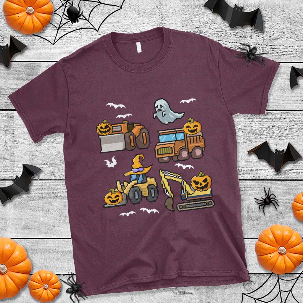 Funny Halloween T Shirt Spooky Construction Trucks Pumpkin Ghost Pixel - Wonder Print Shop