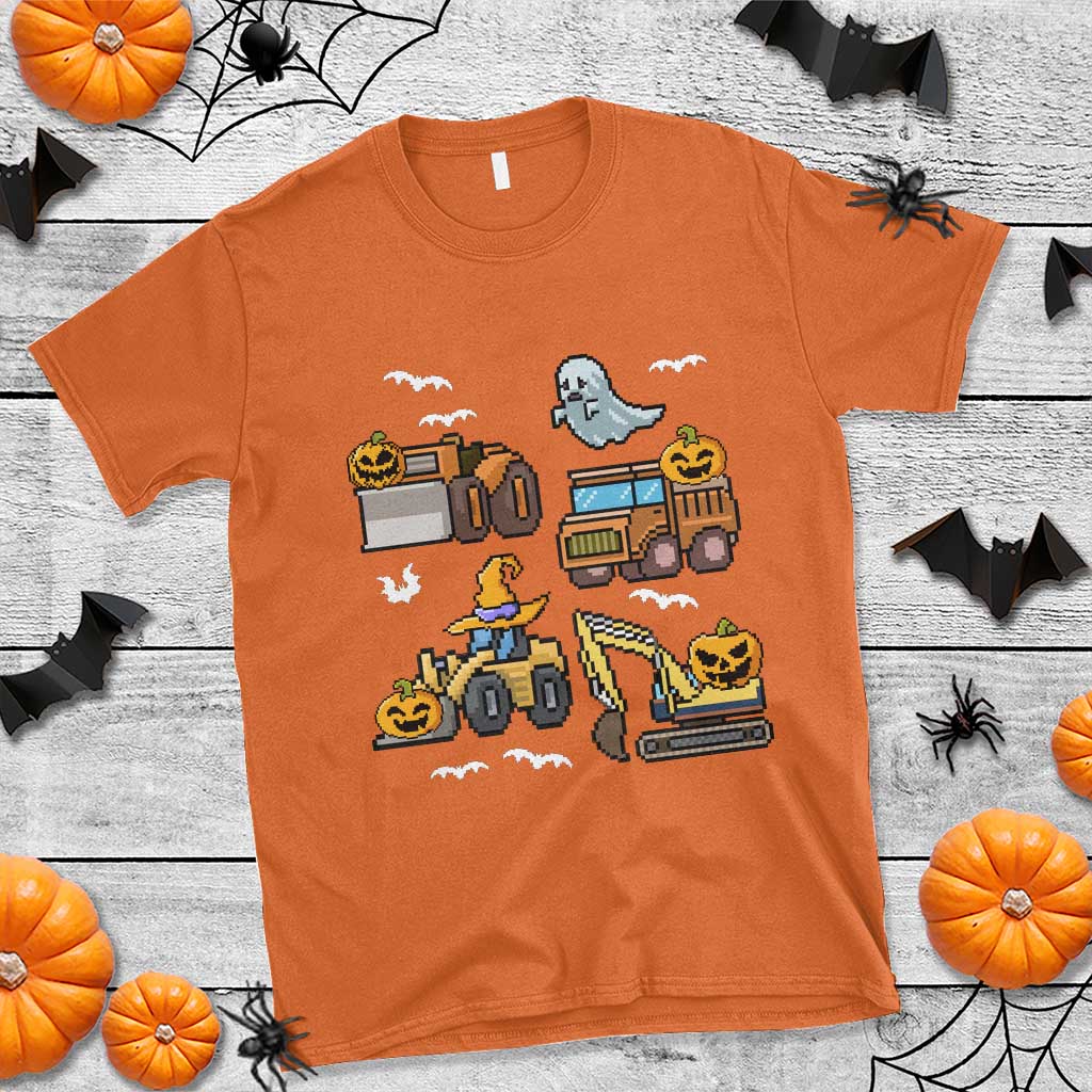 Funny Halloween T Shirt Spooky Construction Trucks Pumpkin Ghost Pixel - Wonder Print Shop