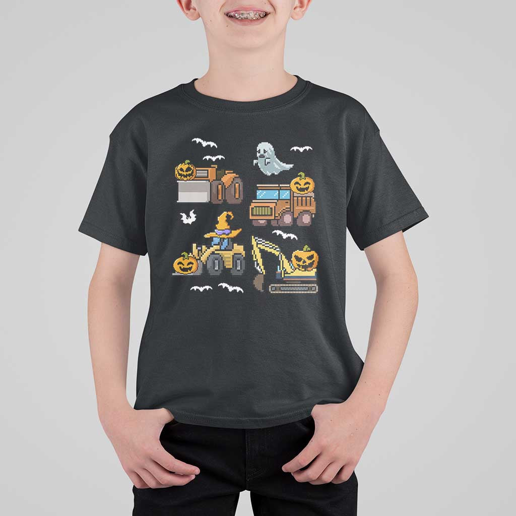 Funny Halloween T Shirt For Kid Spooky Construction Trucks Pumpkin Ghost Pixel - Wonder Print Shop