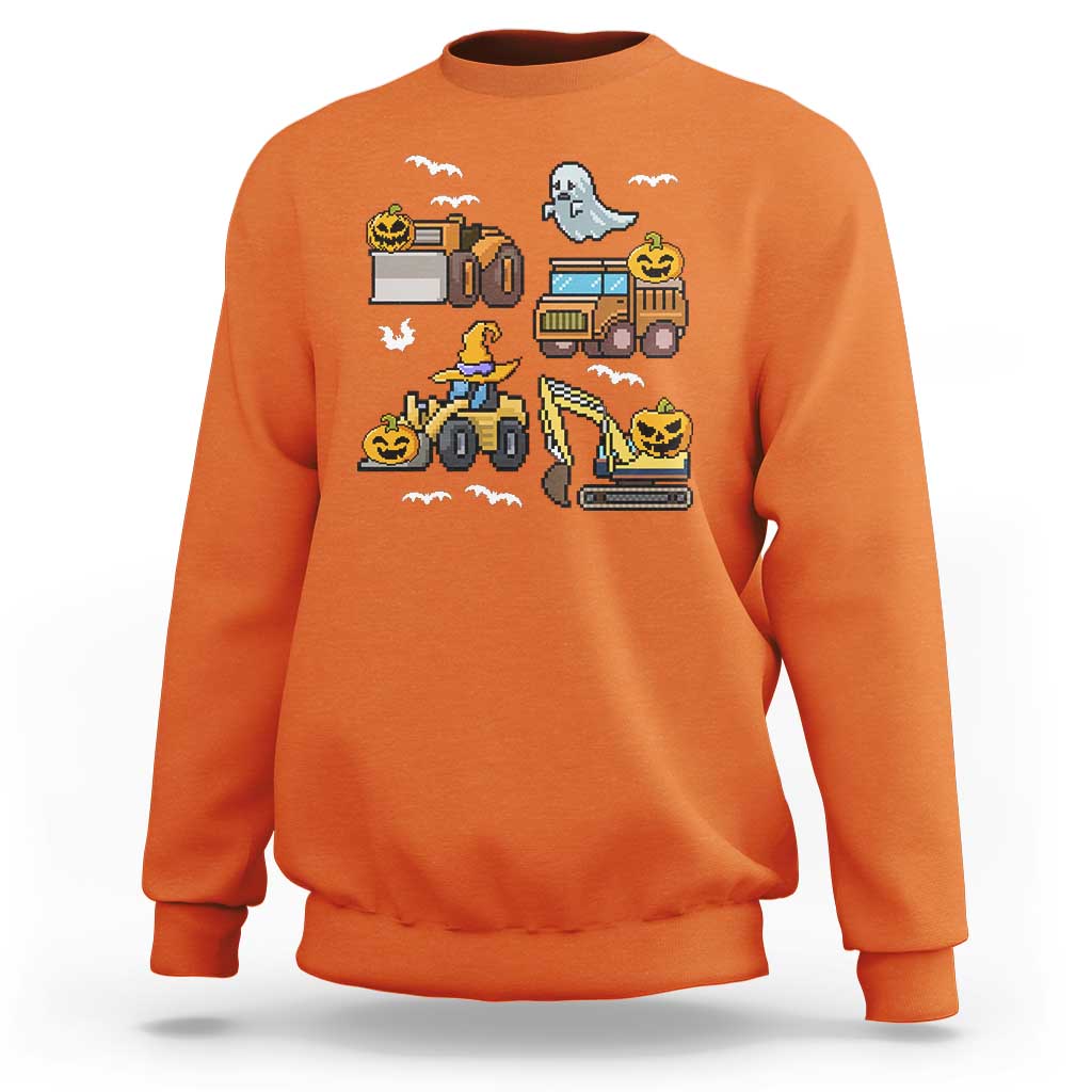 Funny Halloween Sweatshirt Spooky Construction Trucks Pumpkin Ghost Pixel - Wonder Print Shop