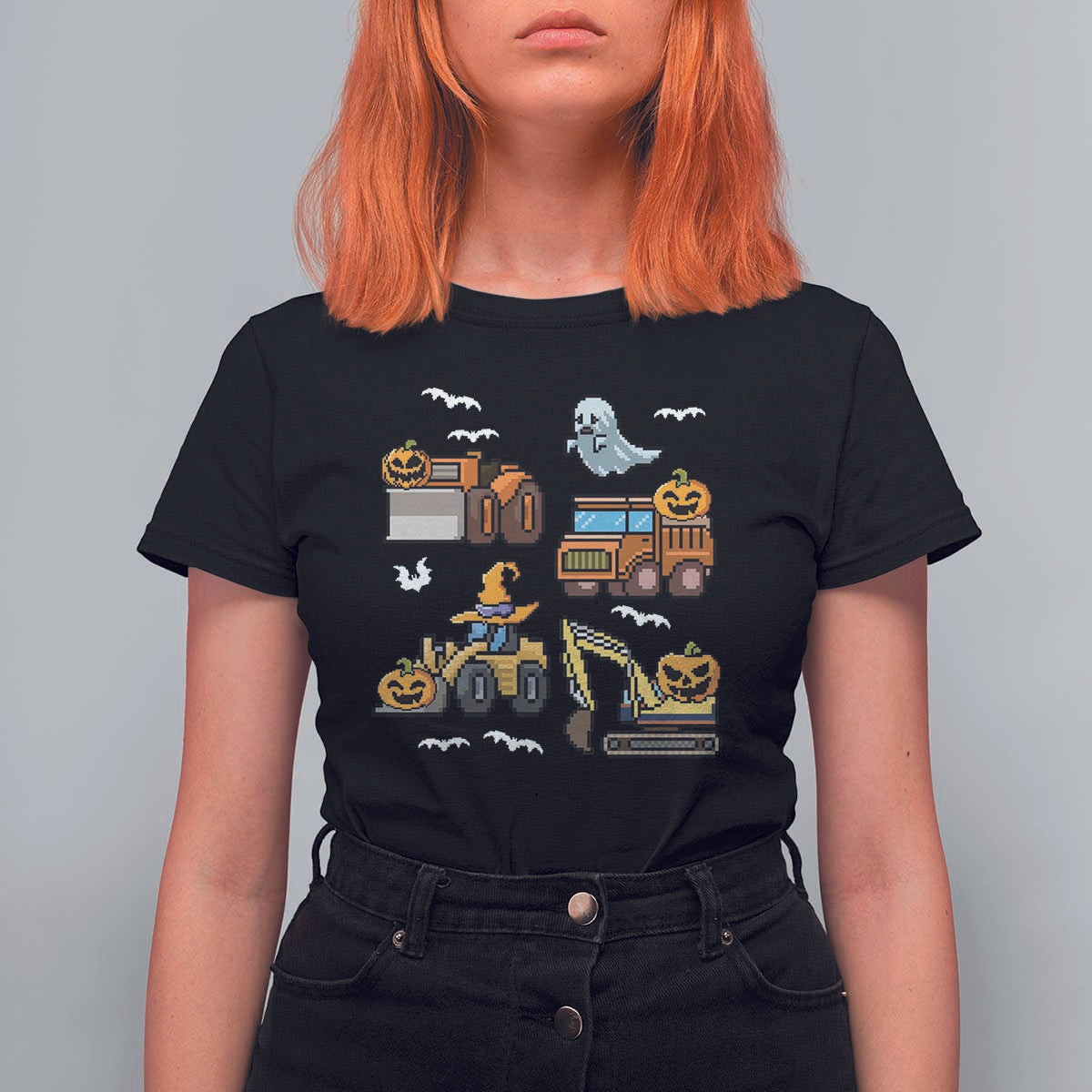 Funny Halloween T Shirt For Women Spooky Construction Trucks Pumpkin Ghost Pixel - Wonder Print Shop