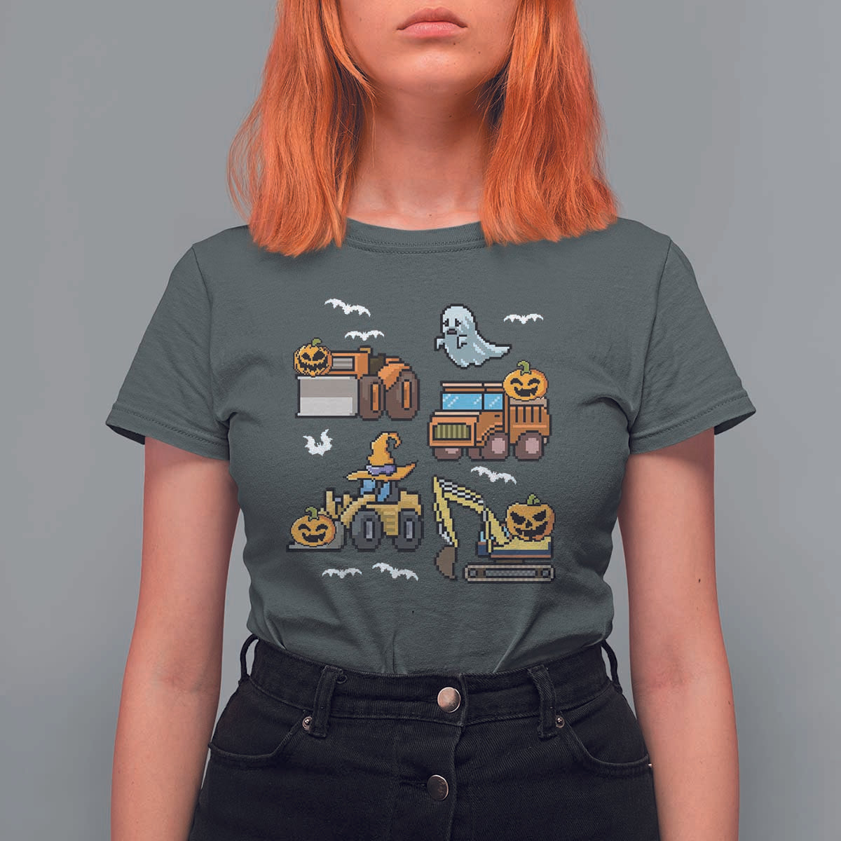 Funny Halloween T Shirt For Women Spooky Construction Trucks Pumpkin Ghost Pixel - Wonder Print Shop