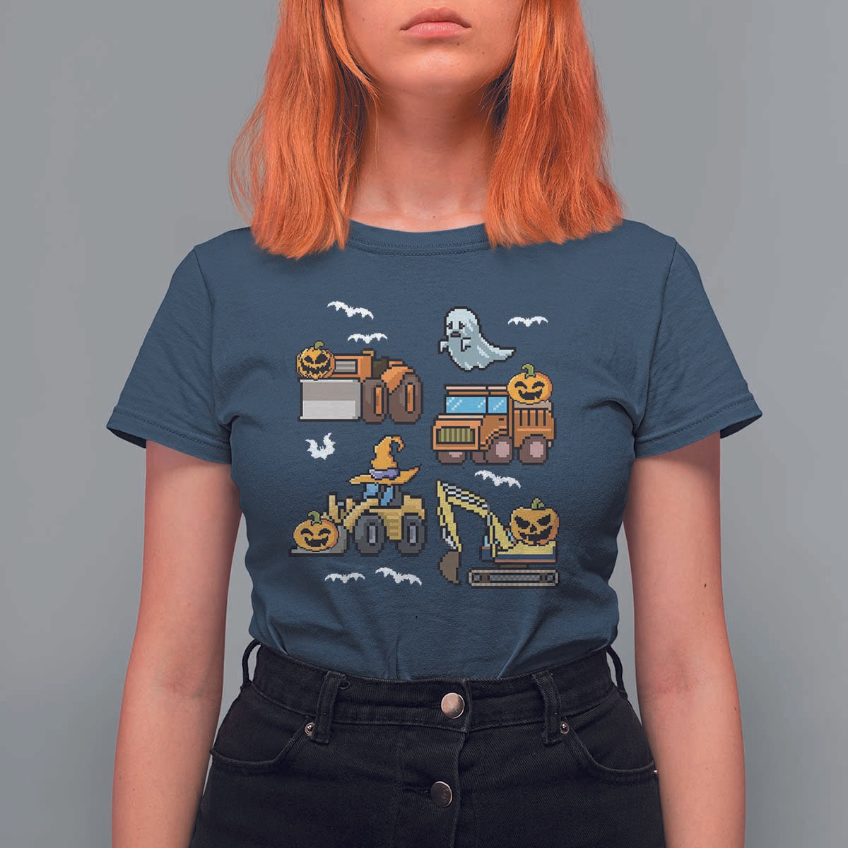 Funny Halloween T Shirt For Women Spooky Construction Trucks Pumpkin Ghost Pixel - Wonder Print Shop