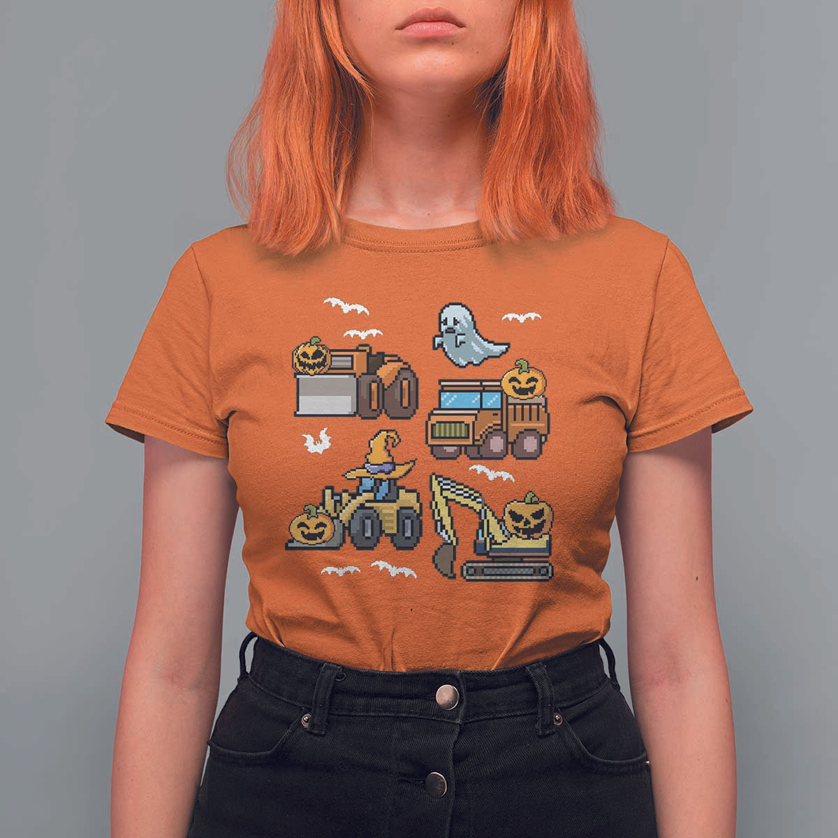 Funny Halloween T Shirt For Women Spooky Construction Trucks Pumpkin Ghost Pixel - Wonder Print Shop