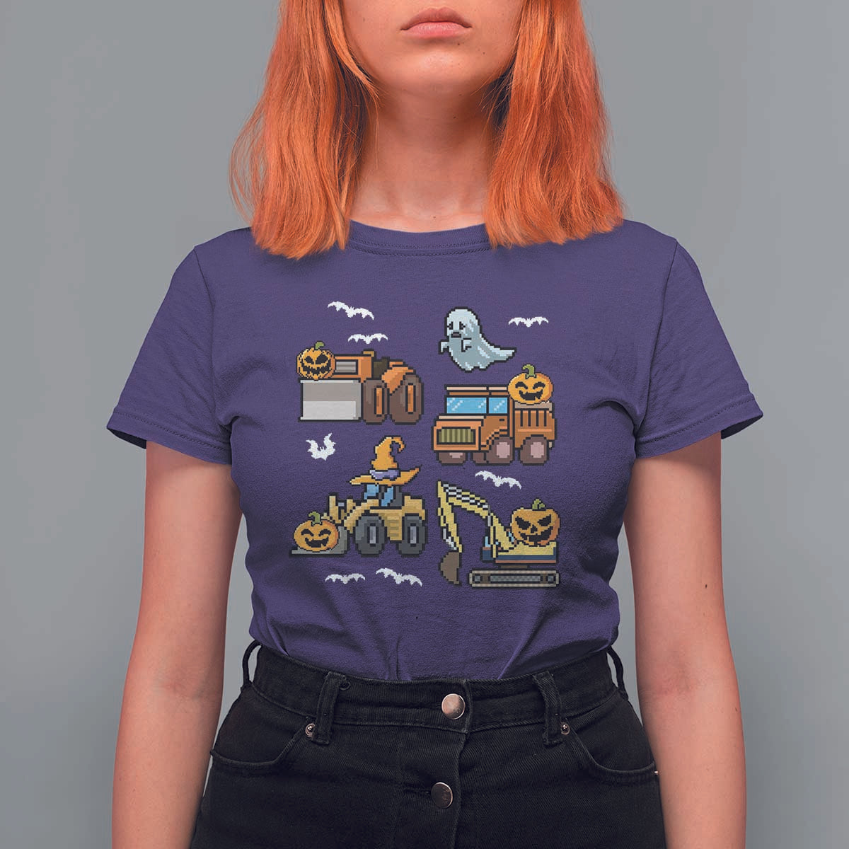 Funny Halloween T Shirt For Women Spooky Construction Trucks Pumpkin Ghost Pixel - Wonder Print Shop
