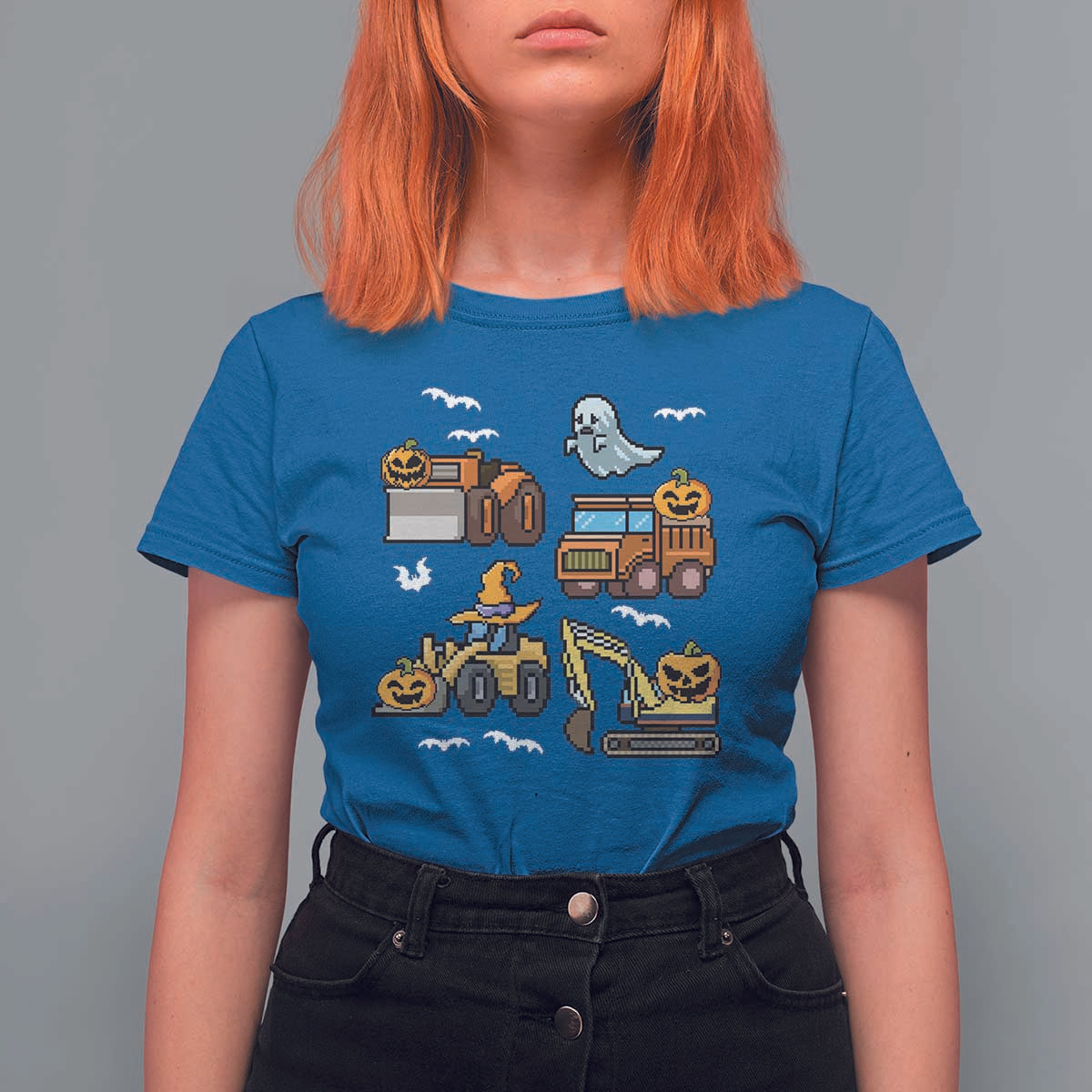 Funny Halloween T Shirt For Women Spooky Construction Trucks Pumpkin Ghost Pixel - Wonder Print Shop