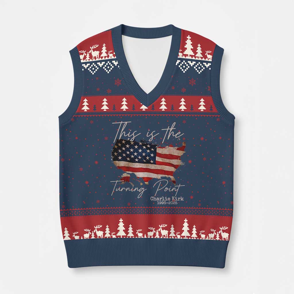 This Is The Turning Point V-Neck Knit Sweater Vest Patriotic American Map Vintage USA Flag - Wonder Print Shop