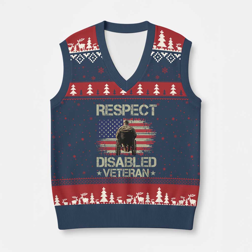 Respect Disabled Veteran V-Neck Knit Sweater Vest Military Soldier Vintage American Flag - Wonder Print Shop