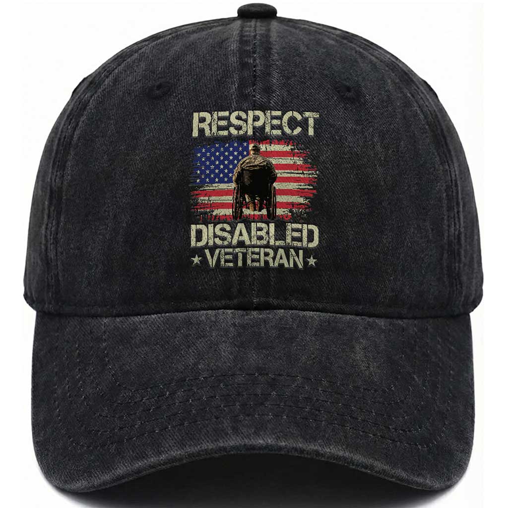 Respect Disabled Veteran Washed Cotton Baseball Cap Military Soldier Vintage American Flag