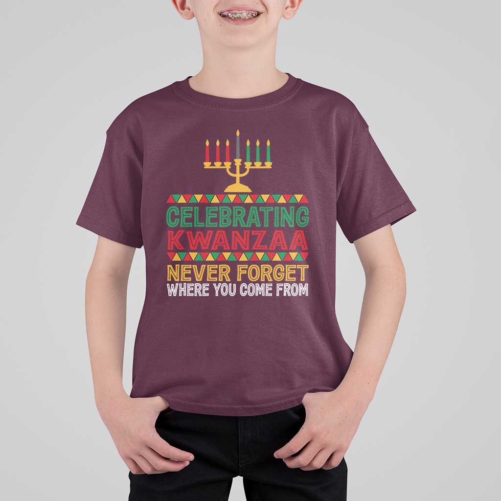 Celebrating Kwanzaa Never Forget Where You Come From Kinara Candle T Shirt For Kid - Wonder Print Shop