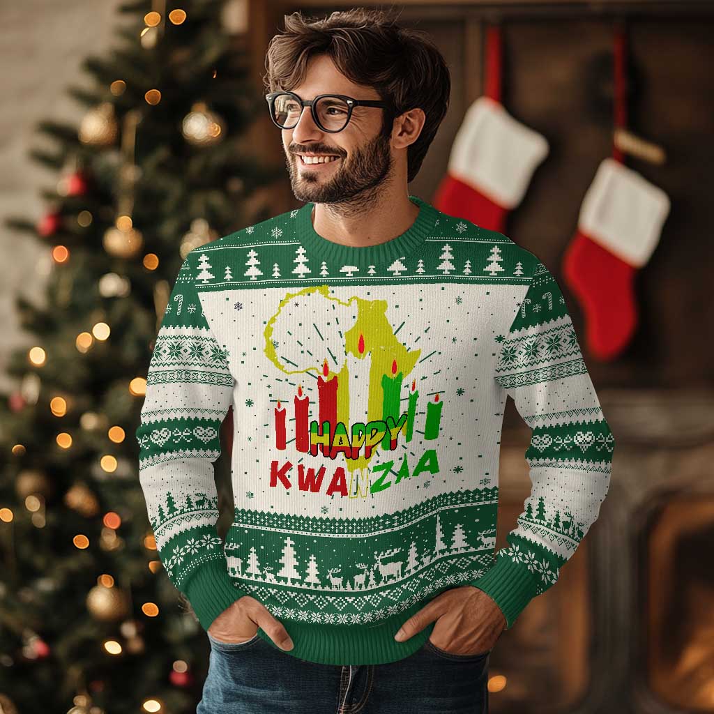 Happy Kwanzaa Ugly Christmas Sweater Black Holiday African American Christmas Kinara Candle - Wonder Print Shop
