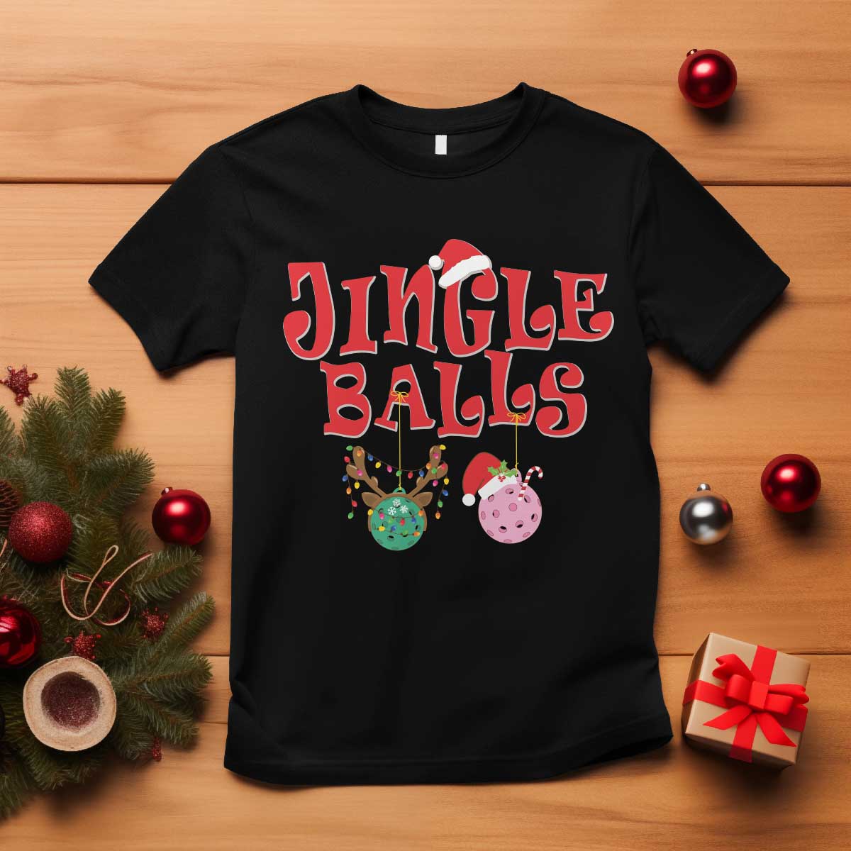 Funny Christmas Pickleball T Shirt Jingle Balls Reindeer Santa Hat Ball - Wonder Print Shop