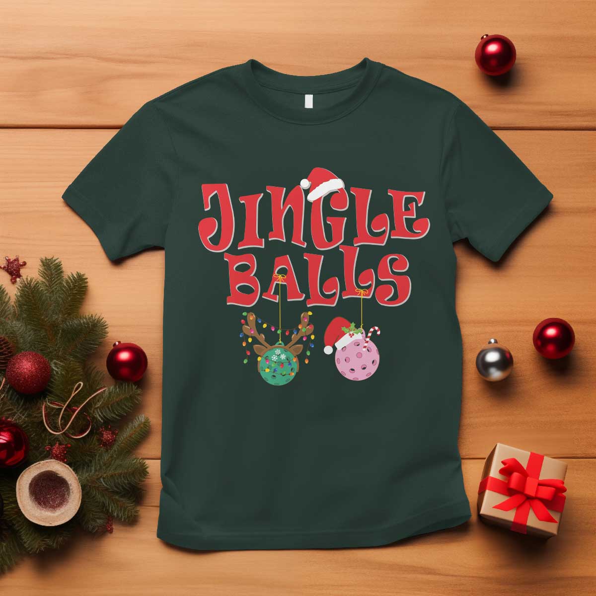 Funny Christmas Pickleball T Shirt Jingle Balls Reindeer Santa Hat Ball - Wonder Print Shop