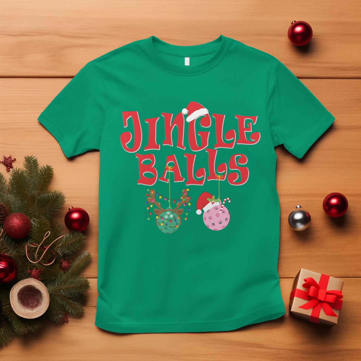 Funny Christmas Pickleball T Shirt Jingle Balls Reindeer Santa Hat Ball - Wonder Print Shop
