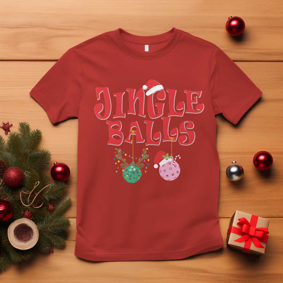 Funny Christmas Pickleball T Shirt Jingle Balls Reindeer Santa Hat Ball - Wonder Print Shop