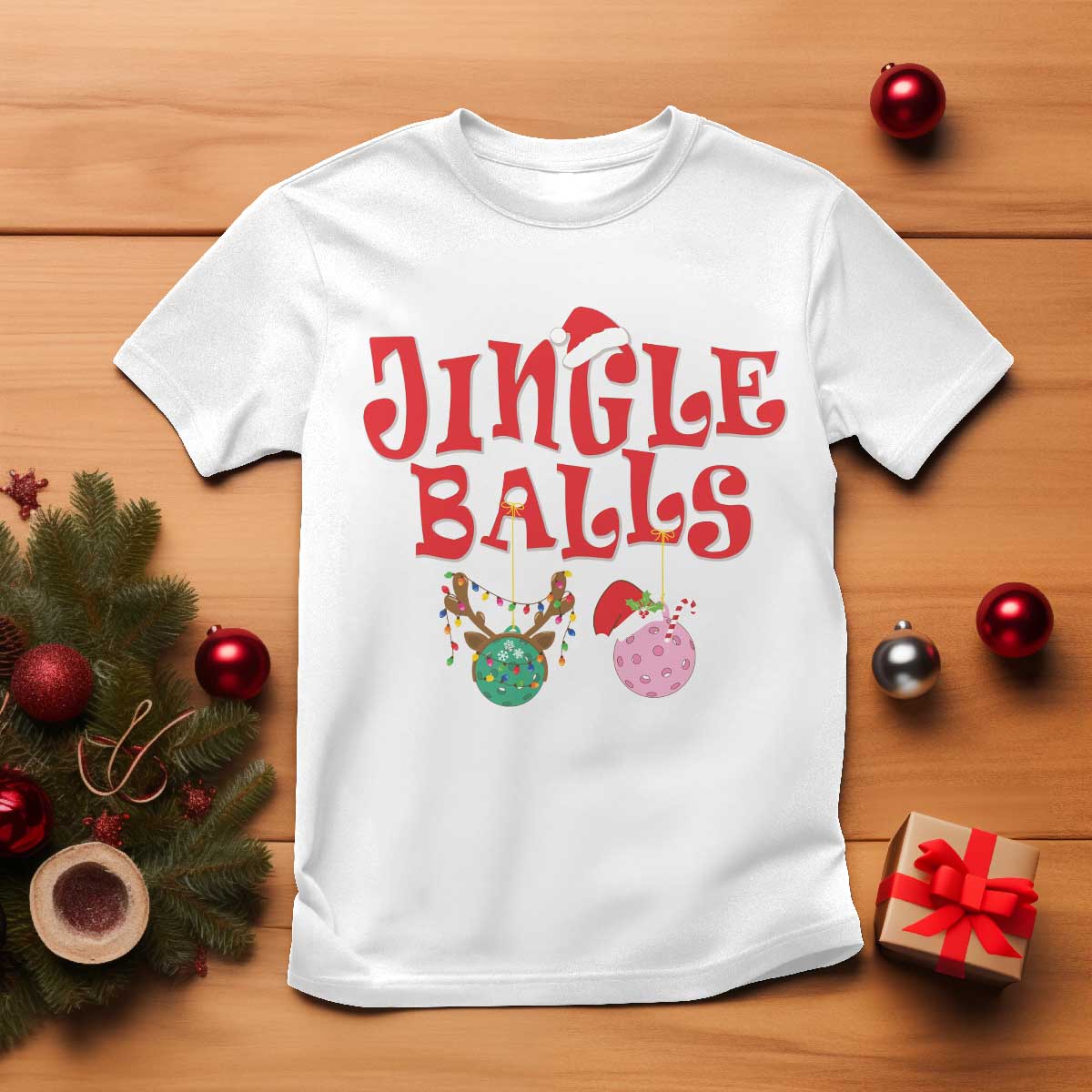 Funny Christmas Pickleball T Shirt Jingle Balls Reindeer Santa Hat Ball - Wonder Print Shop