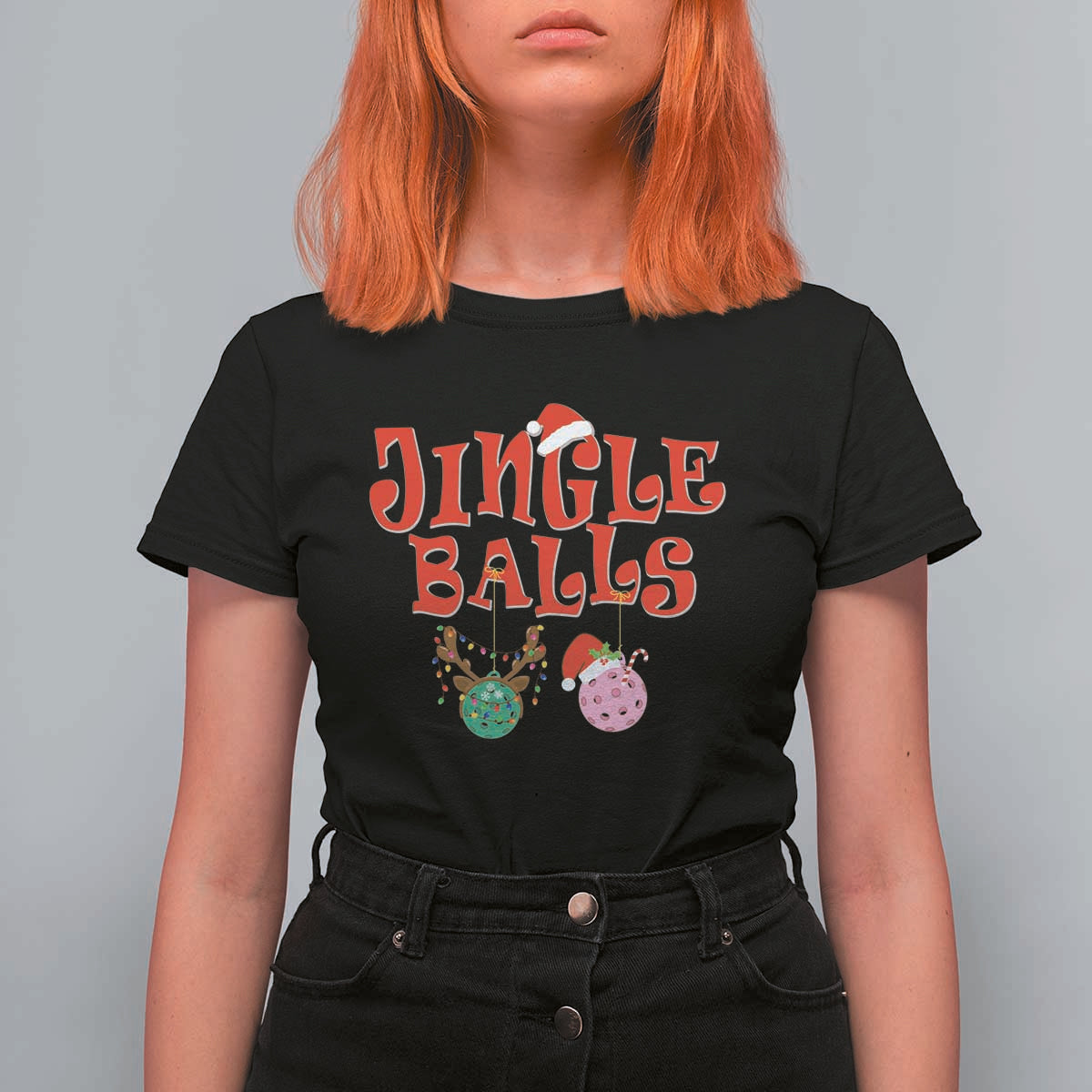 Funny Christmas Pickleball T Shirt For Women Jingle Balls Reindeer Santa Hat Ball - Wonder Print Shop