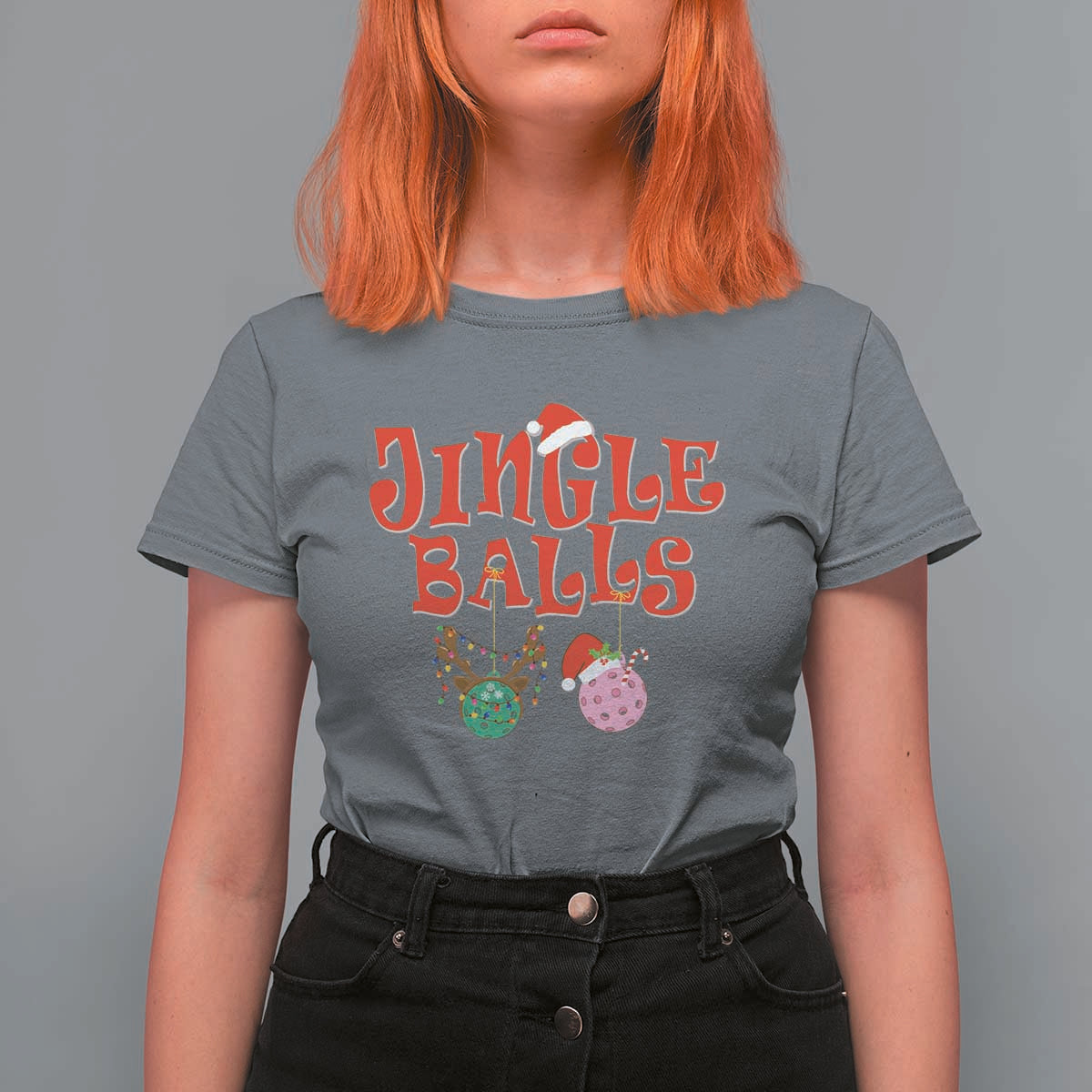 Funny Christmas Pickleball T Shirt For Women Jingle Balls Reindeer Santa Hat Ball - Wonder Print Shop